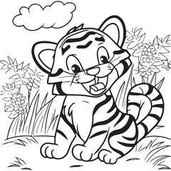 Happy tiger playing outside. Coloring book for children. Cartoon outline illustration. Black and white vector drawing. Cute wild animal in nature. Fun isolated coloring page. Comic sketch for kids