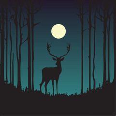 Silhouette of a deer in the night. Beautiful vector art illustration. Moon shining on a wild stag in the forest. Isolated mammal. Graphic element of hunting animal. Reindeer in nature. Hipster art