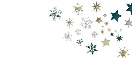 Banner with golden decoration. Festive border with falling glitter dust and stars.