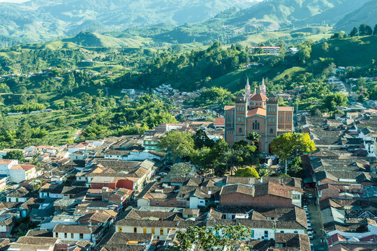 Wide panorama of the superb village (pueblo) of Jerico, antioquia, Colombia, with a blue sky and the Andes Mountains in the background. Picture taken from El Morro El Salvador.