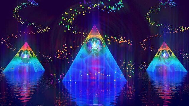 looped 3d animation of a vortex of astral energy of a meditating saint inside the sacred geometry of the "merkaba" inside the pyramid