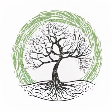 Illustration of a drawn tree in a circle. A tree breaking a circle. Ecology symbol, on a white background. High quality illustration.