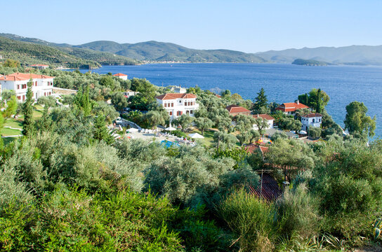 Idyllic vacations. Houses with view to the sea in Chorto village on Pagasitikos gulf in Greece