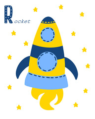 Yellow rocket cartoon style with sign Rocket and stars. isolated on white background. Letter R learning. Vector.