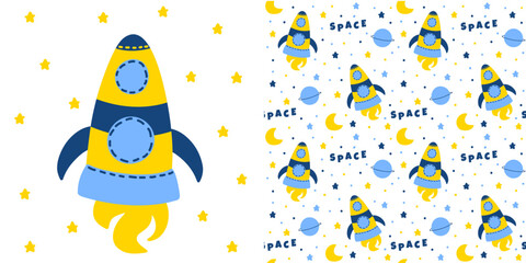 Yellow rocket cartoon style isolated on white background. . And Childish seamless pattern. Vector
