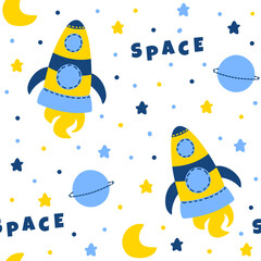 Childish seamless pattern with hand drawn Yellow rocket cartoon with stars.Perfect for kids apparel,fabric, textile, nursery decoration,wrapping paper. Vector