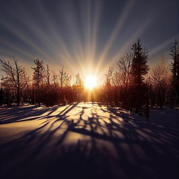 Beautiful snow field with the shadow of trees and sun rays penetrating through branches