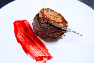 Tournedos Rossini. Foie gras, Black Angus beef tenderloin, with red wine sauce. Fillet mignon steak...