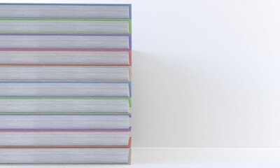 Illustration of a 3D rendering of books stacked on top of each other on white background,copy space