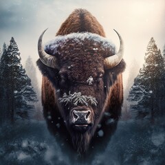 Bison (bison) in the wild, in winter, against the background of forest and snow, in their natural habitat. A beautiful portrait of a wild animal at the moment when it breathes and lets off steam