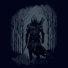 Epic warrior in medieval fantasy. Vector illustration of soldier with sword going on adventure. RPG video game concept art. Hero in armour explorring, ready to battle. Knight traveling in a fairytale