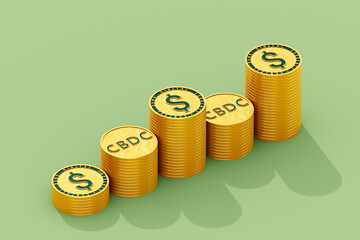 Gold Dollar coin stacks in shape of diagram on the pastel green background. 3D Isometric render. CBDC - Central bank digital currency, Online Internet Banking concept.
