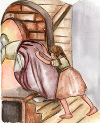 Hansel and Gretel watercolor fantasy illustration. Hand drawn book story. Children fairy tales 