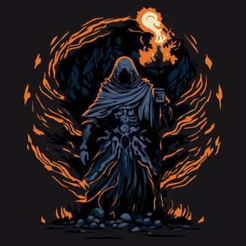 Fire mage vector illustration.  Dark wizard. Fairytale sorcerer casting and firing a spell, Flame witchcraft. Mystery rpg hero. Video game character. Necromancer with staff and wand. Ancient magic.