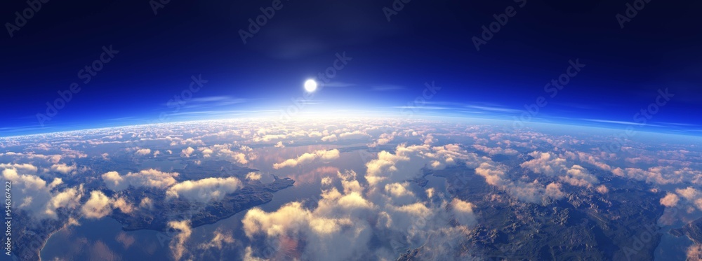 Wall mural beautiful view of the earth from low orbit, sunrise above the clouds, 3d rendering