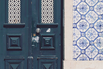 typical portuguese entrance door with Azulejos tiles