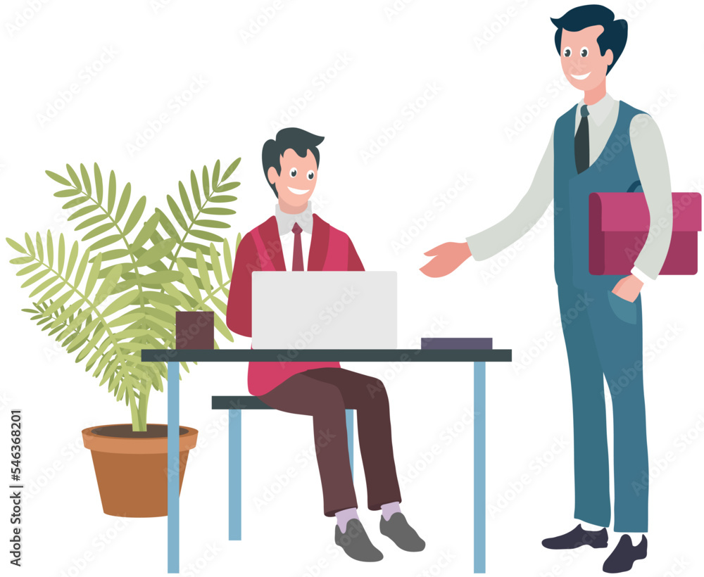 Poster teamwork concept with two men solving tasks together, sitting at table with laptop. boss talking to 