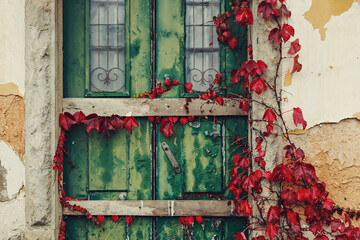 Entrance door overgrown by ivy plants