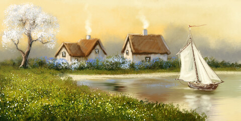 Naklejka premium A beautiful European landscape with a boat and houses, a flowering tree. Spring landscape, sailing boat on the river