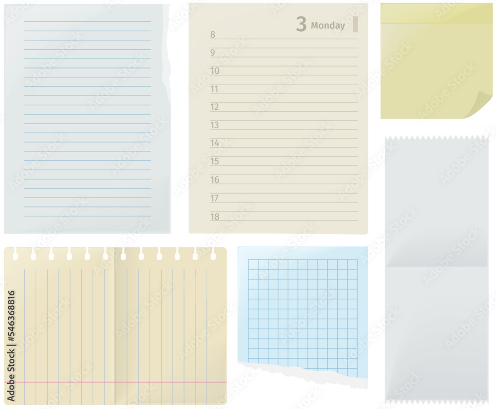 Aufkleber set of different blank paper sheets. daily planner page with date, day of week and time, notebook fo