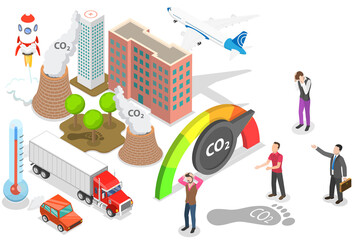 3D Isometric Flat  Conceptual Illustration of CO2 Emission