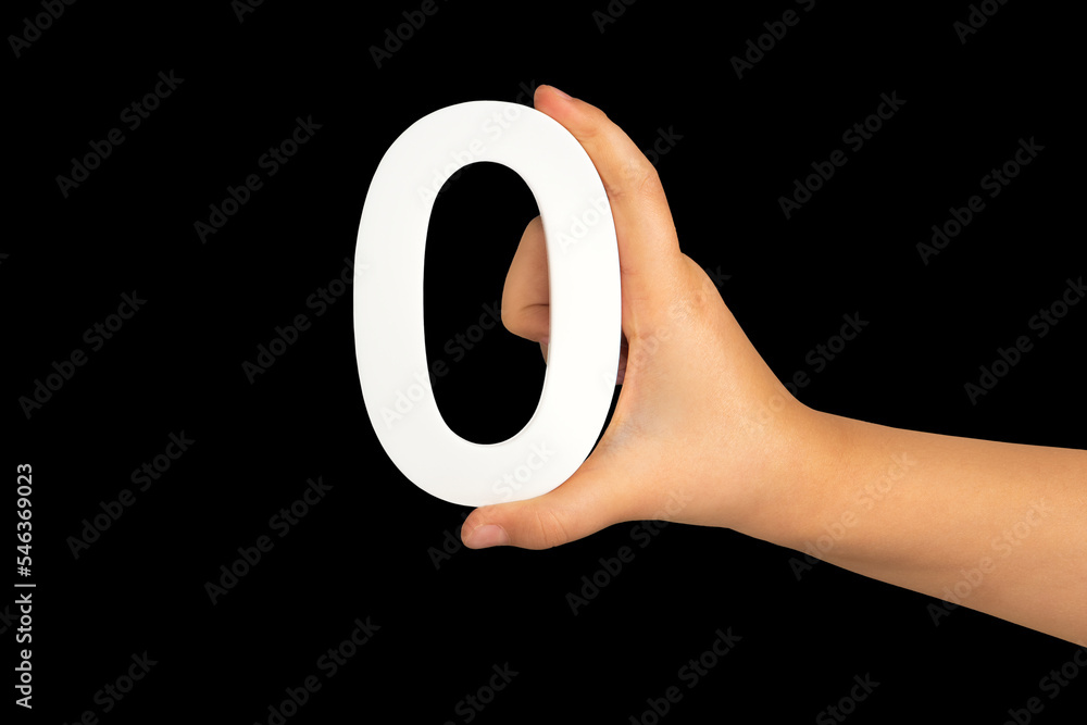 Aufkleber zero in hand. the number zero is clasped in a hand isolated on a black background. number zero white