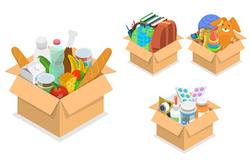 3D Isometric Flat  Conceptual Illustration of Cardboard Donation Boxes