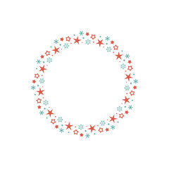 Christmas wreath. Holiday round frame with stars, snowflakes and glitter dots on white background. Starry circle label for text. Vector red background for card, invitation, wallpaper.