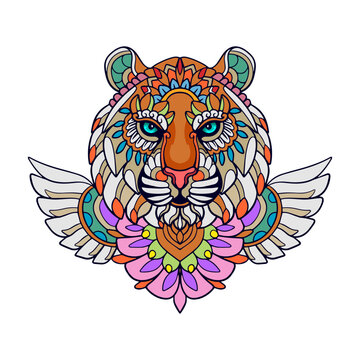 Colorful Tiger Head mandala arts isolated on white background