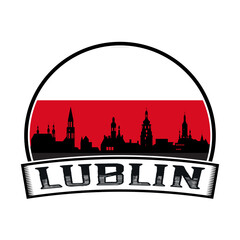 Lublin Poland Skyline Sunset Travel Souvenir Sticker Logo Badge Stamp Emblem Coat of Arms Vector Illustration SVG