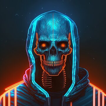 Portrait of a cyberpunk character with a human skull in sci fi orange blue helmet, black hoodie. Cyberspace Augmented Reality. 3d render of a night dark blue background with glowing neon speed stripes