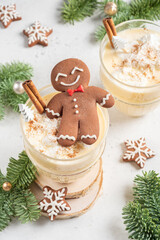 Happy Gingerbread cookie man in a Christmas cocktail. Happy holidays card