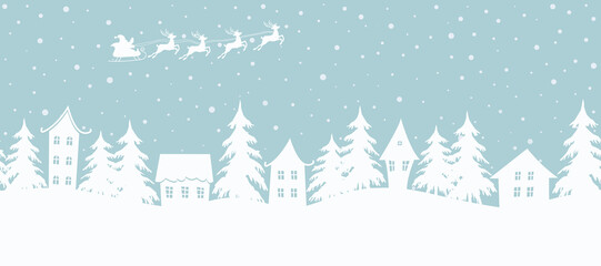 Christmas background. Winter village. Seamless border. Fairy tale winter landscape. Santa Claus is riding across the sky on deers. There are white houses and fir trees on light blue background. Vector - obrazy, fototapety, plakaty