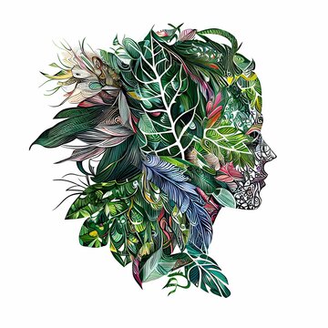 AI generated illustration of a woman's face with green leaves and colorful feathers in the hair