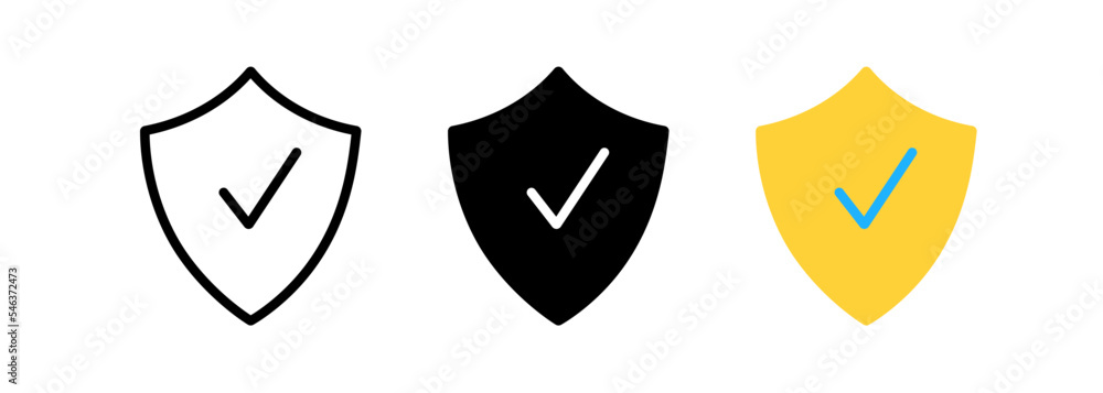 Poster shield with checkmark icon style is a flat shield valid grey symbol inside light blue circle with bl