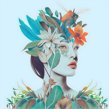 AI generated illustration of a beautiful female with flowers and leaves in hair covering the face