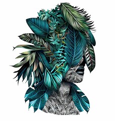 Fototapeta premium AI generated illustration of a woman's face with green leaves and feathers in the hair