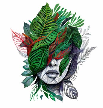 AI generated illustration of a woman with green leaves in the hair covering the face