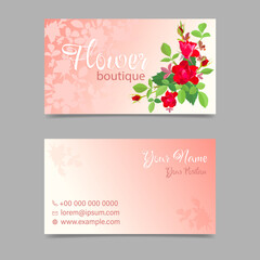 Business card template with red roses in the corner on the front side on a gradient peach background for a flower shop or floral stylist