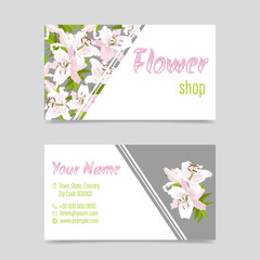 Two sides business card template with white lilies close up on combined white and gray background for flower shop or stylist