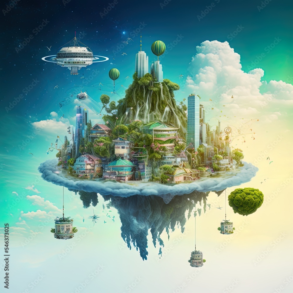 Poster fantasy island floating in the air with network wireless systems and internet of things , smart city