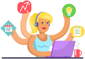 Woman doing simultaneously many tasks. Female employee trying to deal with deadlines. Overworking, overload at work, time management, planning concept. Lady with many hands coping with multitasking