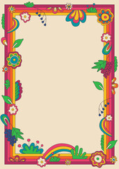 Psychedelic Style Floral Vintage Frame. 1960s Retro Colors Hippie Botanic Background