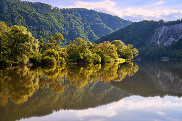 Sunlit trees in a valley next to a river bend during summer in Slovakia