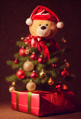 Cute and Adorable Teddy bear. Christmas illustration photo portrait with a beautiful christmas tree with ornaments and winter themed background