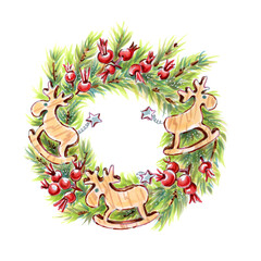 Christmas wreath with spruce branches, red berries and wooden elks hand drawn illustration