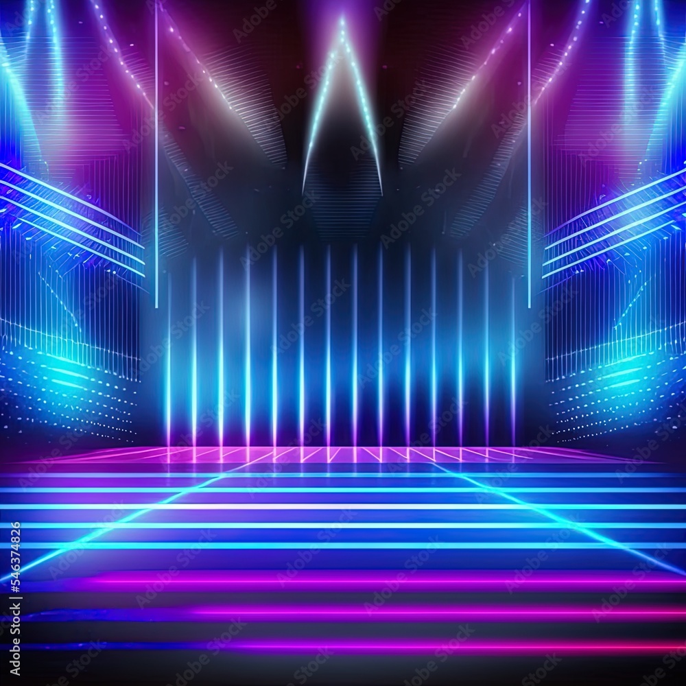 Aufkleber neon light. background of empty show scene. empty dark modern abstract neon background. glow of neon