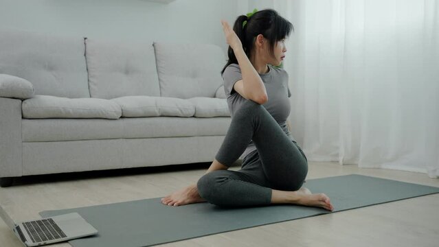 Asian women doing exercises to build abdominal muscles. Exercise regularly for a healthy body.