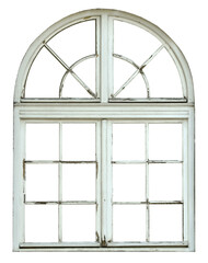 Old wooden window with arch on white background