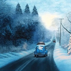 Blue car covered in snow. Winter morning. Snowy road.